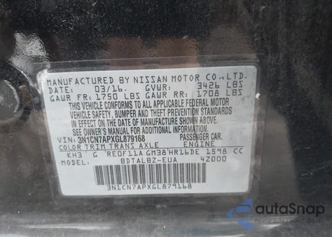 2016 Nissan Versa 1.6 S/1.6 S+/1.6 Sl/1.6 Sv из США, поврежденный, VIN 3N1CN7APXGL879168